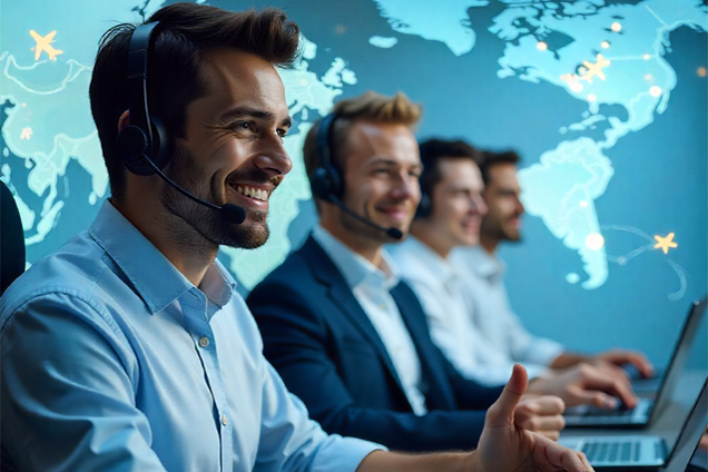 Professional airline customer service representative assisting a passenger with a friendly smile